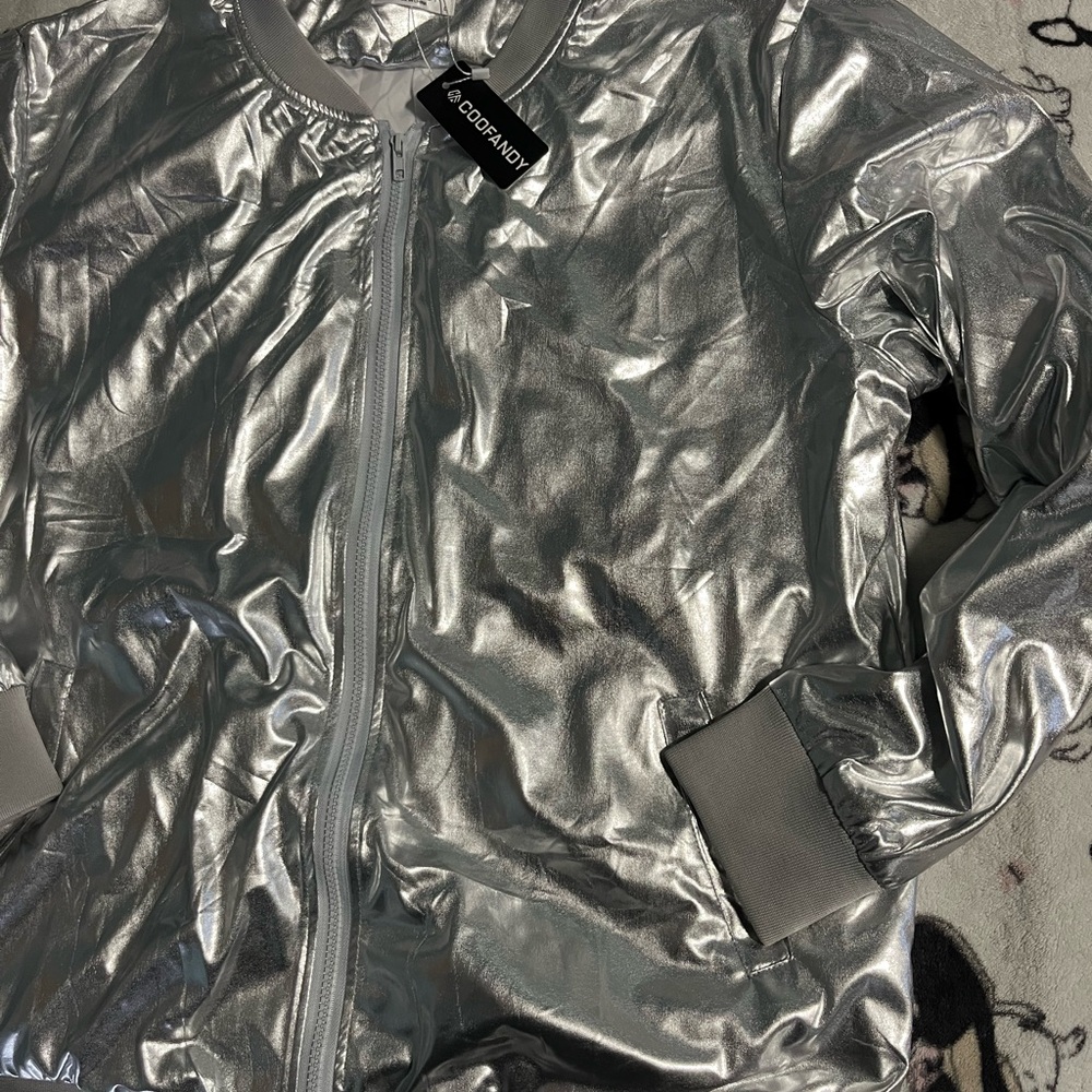 Coofandy Shiny Silver Bomber Jacket - Picture 2 of 4
